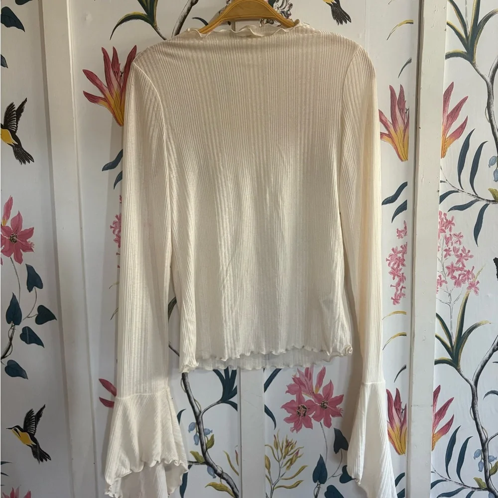 Monki Cream Ribbed Ruffled Blouse - Picture 1 of 3